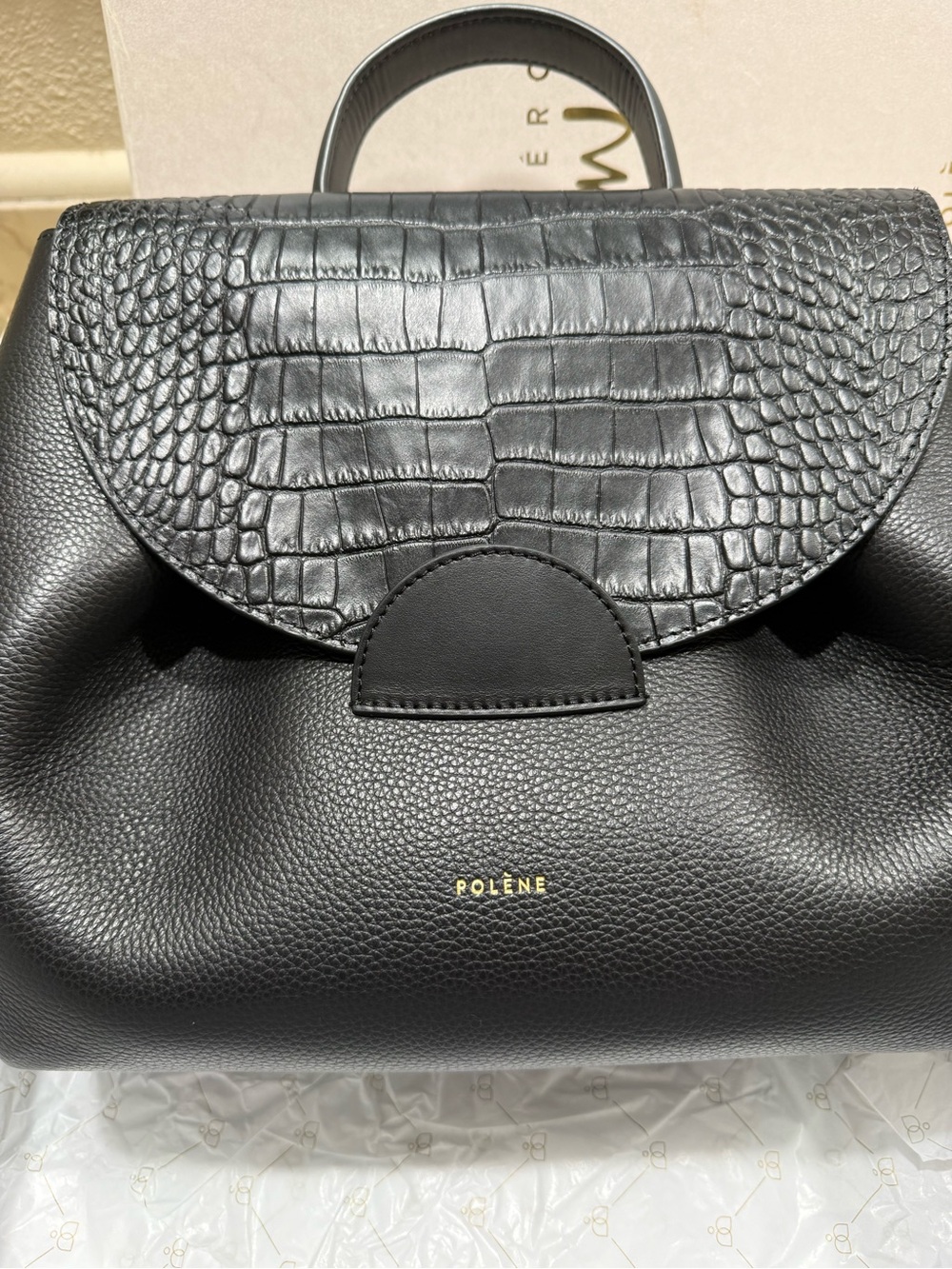 New Polène Numéro Un Black Leather - Croc-Embossed Flap